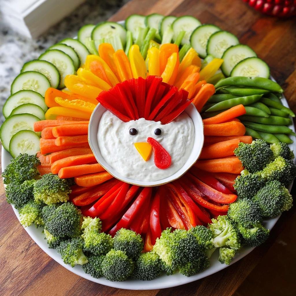A festive, turkey-shaped Easy Veggie Tray featuring colorful vegetables arranged around a dip bowl for the head.
