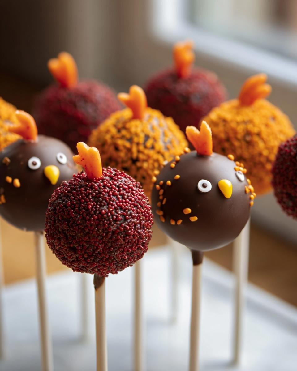 Close-up of several turkey-shaped Thanksgiving Cake Pops decorated with sprinkles and candy eyes.