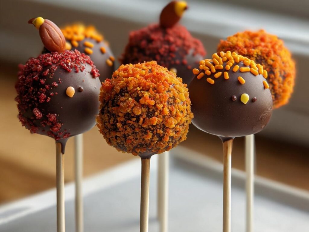 Close-up of several chocolate-dipped Thanksgiving Cake Pops decorated like little turkeys with orange and red sprinkles.