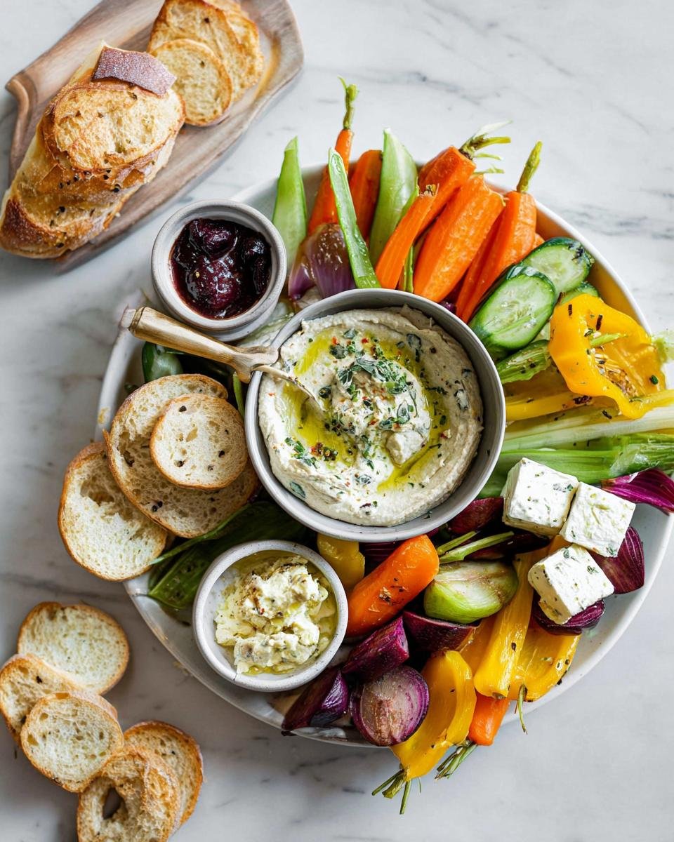 A colorful Ultimate Crudités Board for Fall featuring roasted vegetables, fresh carrots, dips, feta cheese, and sliced baguette.