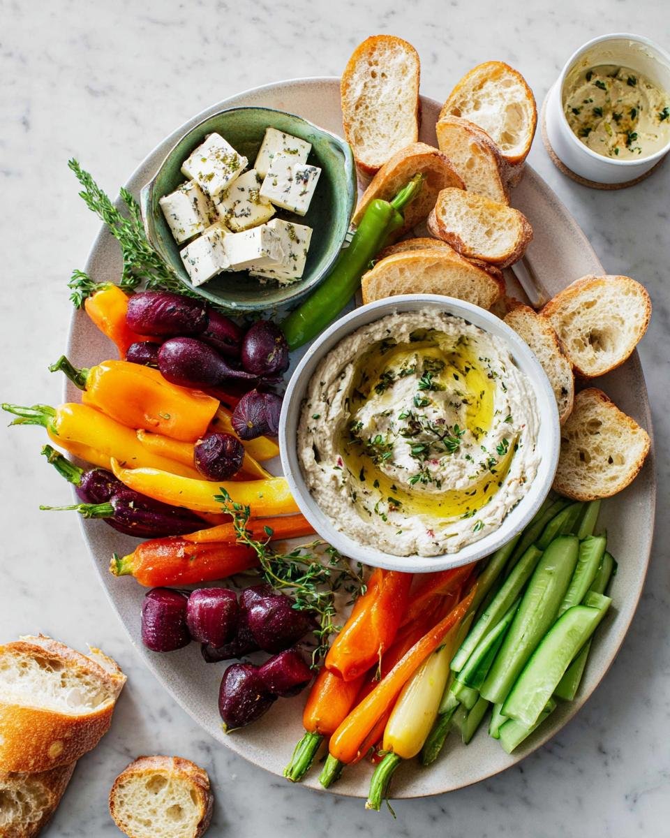 An overhead view of the Ultimate Crudités Board for Fall featuring colorful carrots, cucumbers, herbed feta, and a creamy dip.