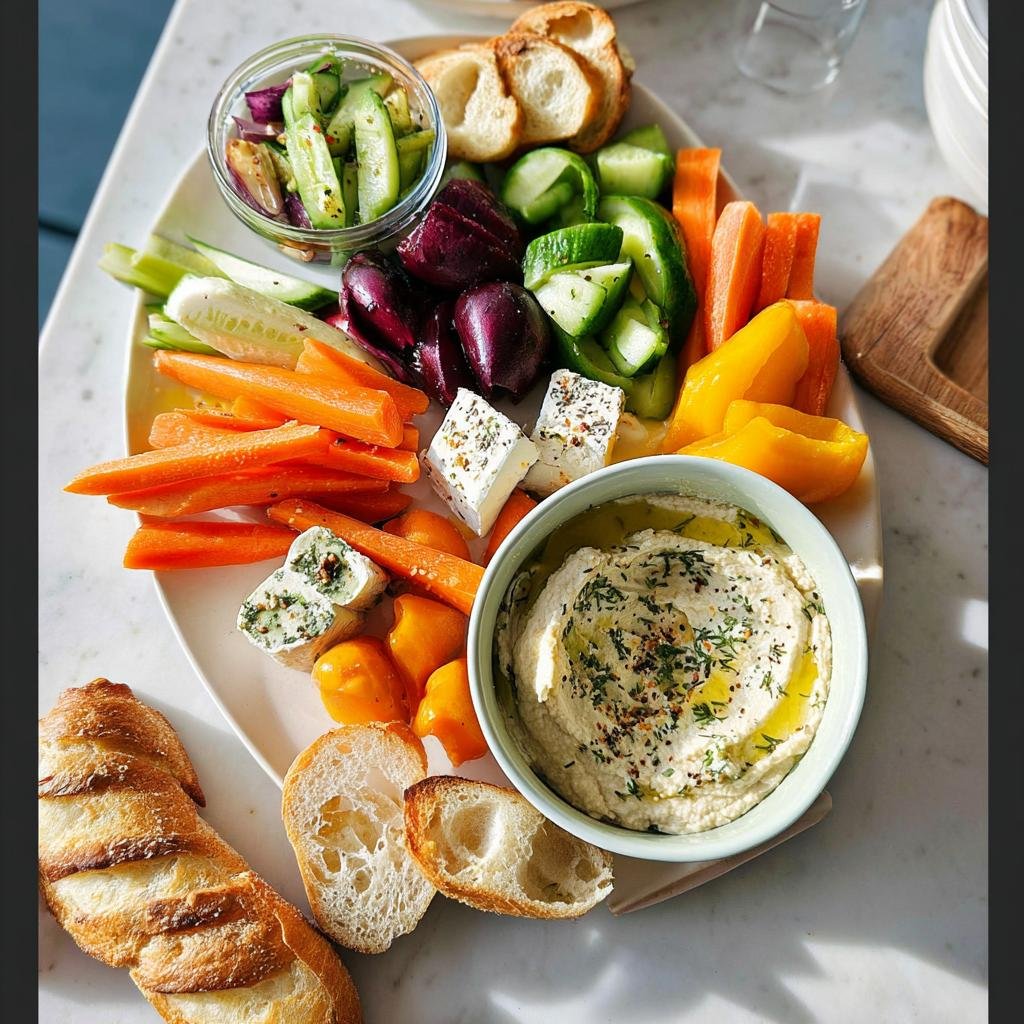 A vibrant Ultimate Crudités Board for Fall featuring carrots, cucumbers, peppers, cheese, and a bowl of seasoned hummus.