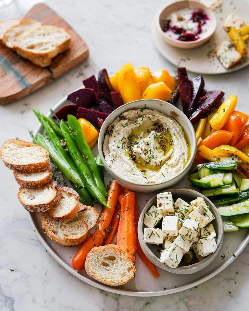 A colorful Ultimate Crudités Board for Fall featuring roasted beets, carrots, peppers, snap peas, hummus, and feta cheese cubes.