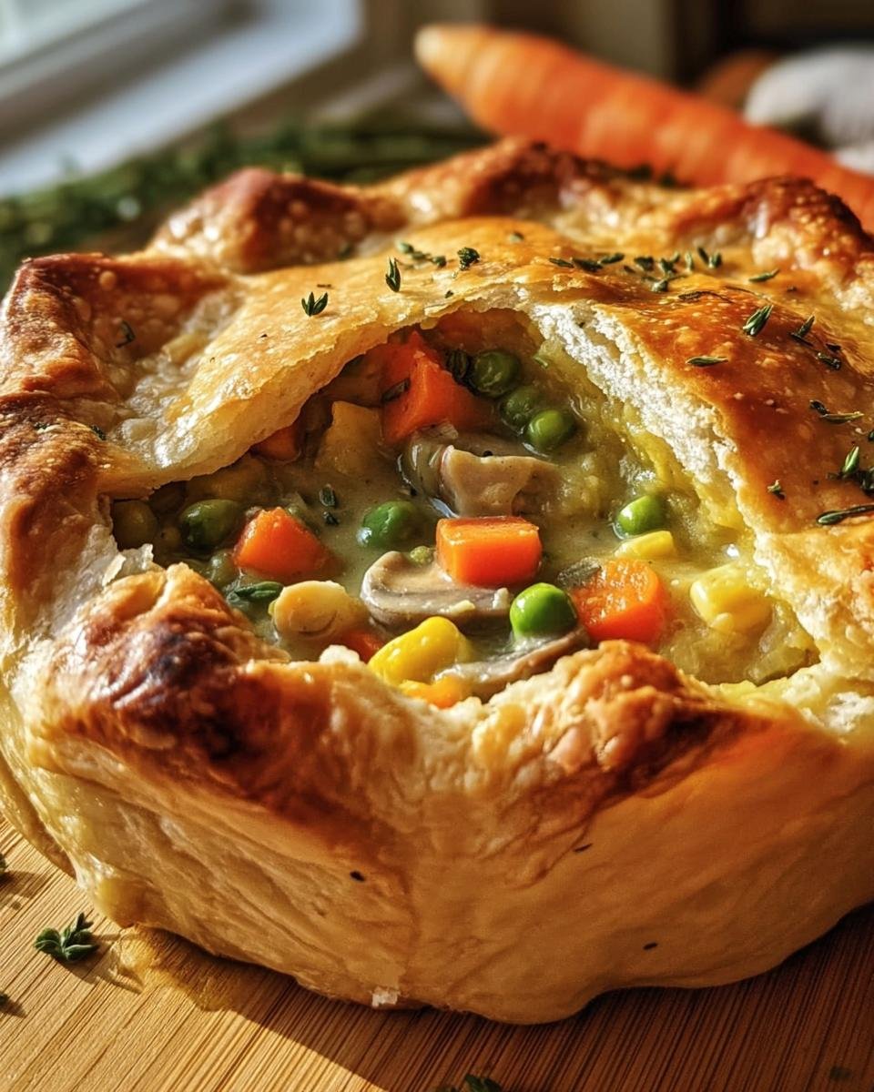 Close-up of a golden, flaky crust pulled back to reveal the creamy filling of a Vegetable Pot Pie with peas, carrots, and mushrooms.