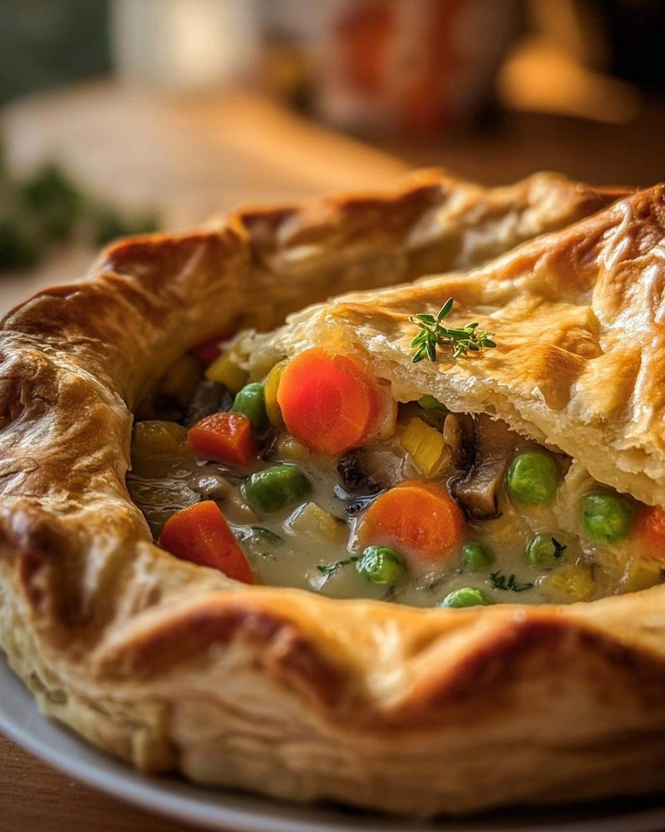 Close-up of a golden, flaky crust lifted to reveal the creamy filling of a Vegetable Pot Pie with carrots, peas, and mushrooms.