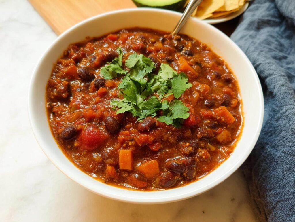 Close-up of a white bowl filled with rich, dark Vegetarian Chili with Beans, topped with fresh cilantro.