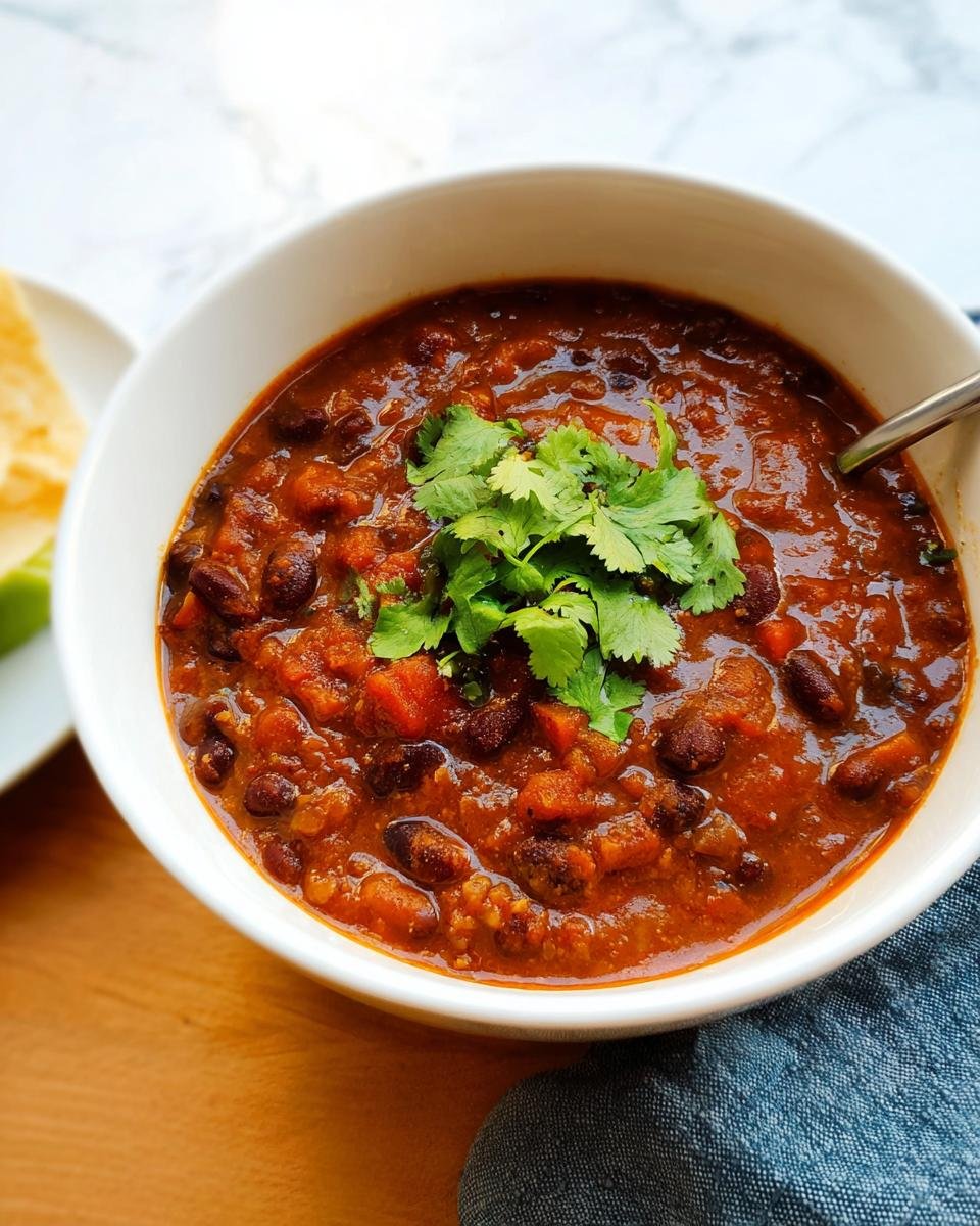 Close-up of a hearty bowl of Vegetarian Chili with Beans, topped with fresh cilantro.