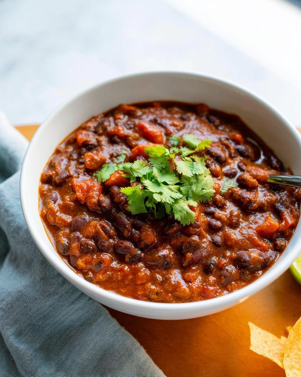 A close-up of rich, dark Vegetarian Chili with Beans topped with fresh cilantro in a white bowl.