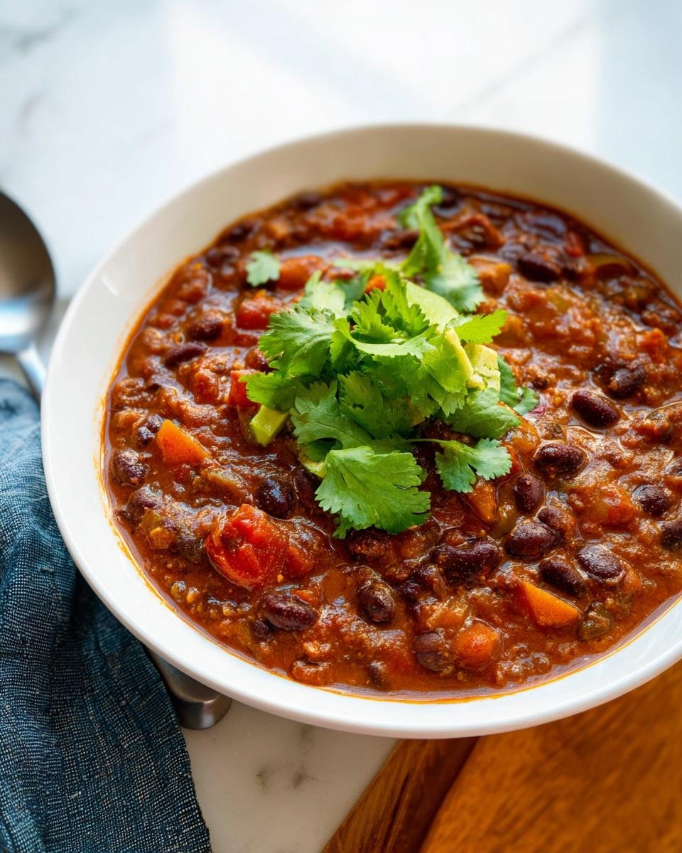 Close-up of a bowl of rich Vegetarian Chili with Beans, garnished generously with fresh cilantro and avocado slices.