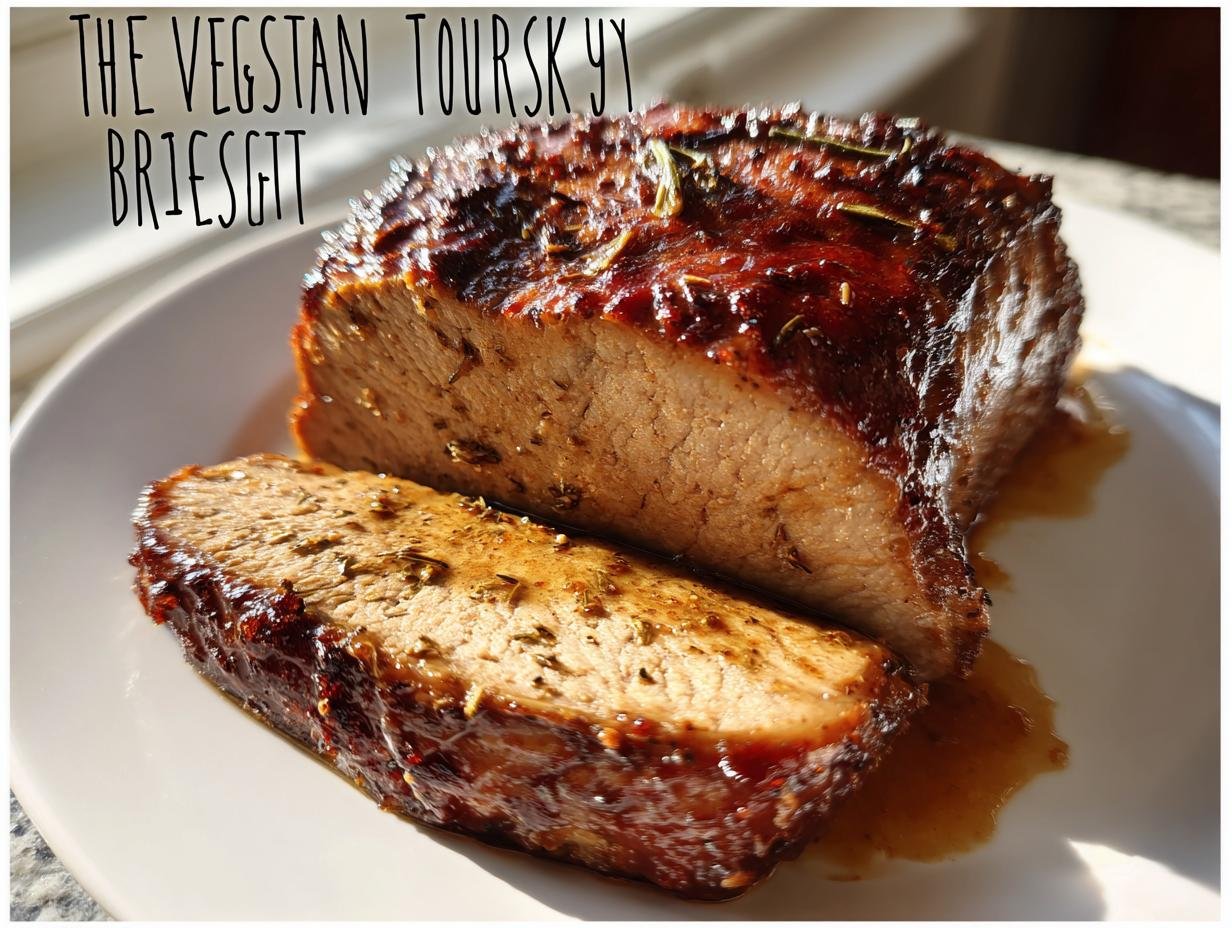 A close-up of a sliced Veggie Turkey roast with a shiny, dark glaze and herbs on top.