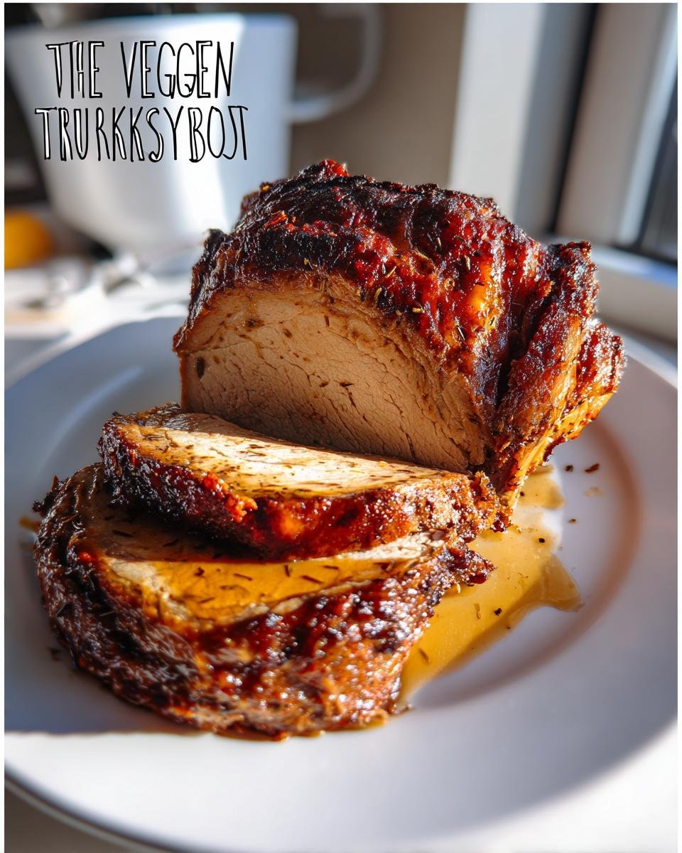 Close-up of a sliced Veggie Turkey roast with a dark, caramelized glaze resting in its own juices on a white plate.