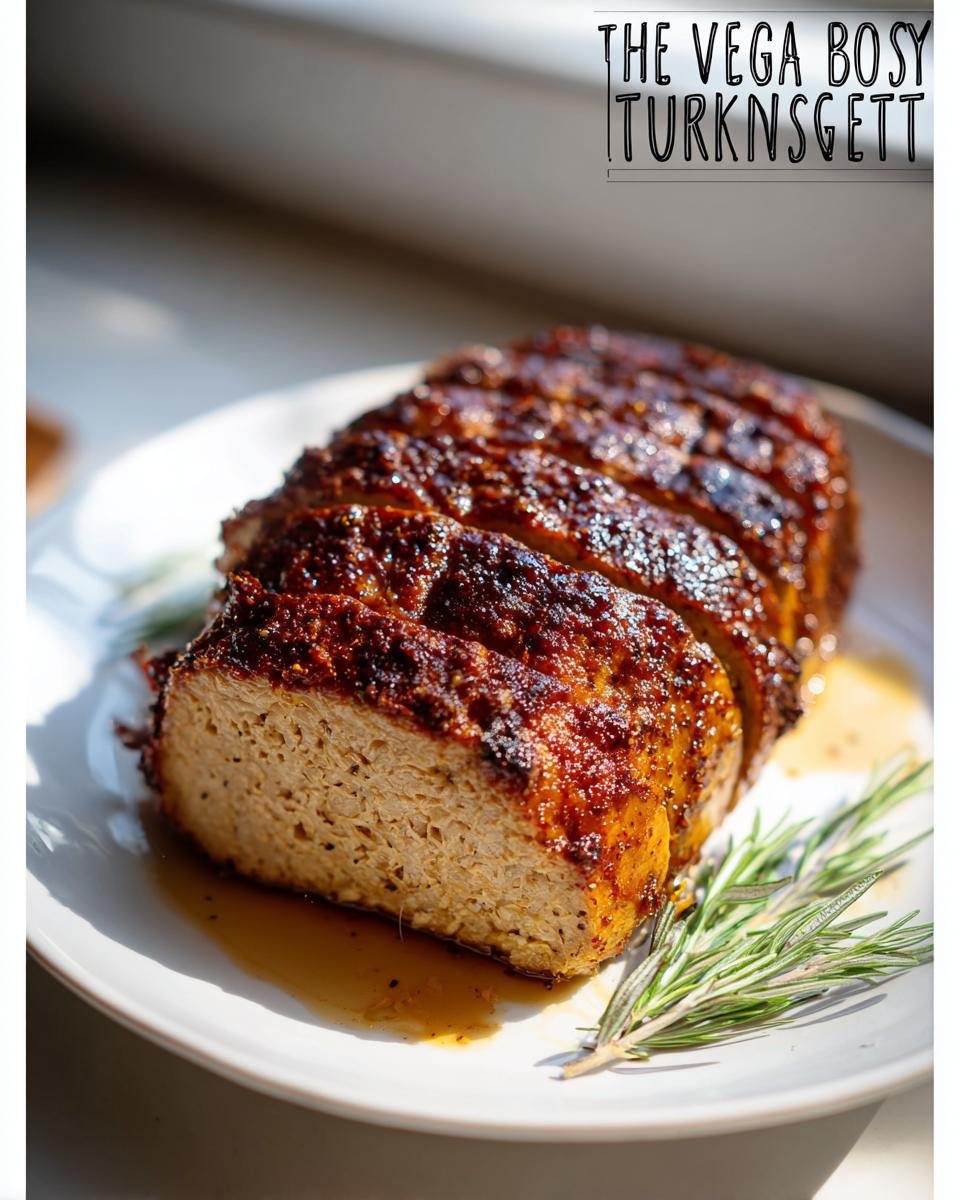 Close-up of a sliced Veggie Turkey roast with a dark, glazed crust, resting in its juices on a white plate with rosemary.