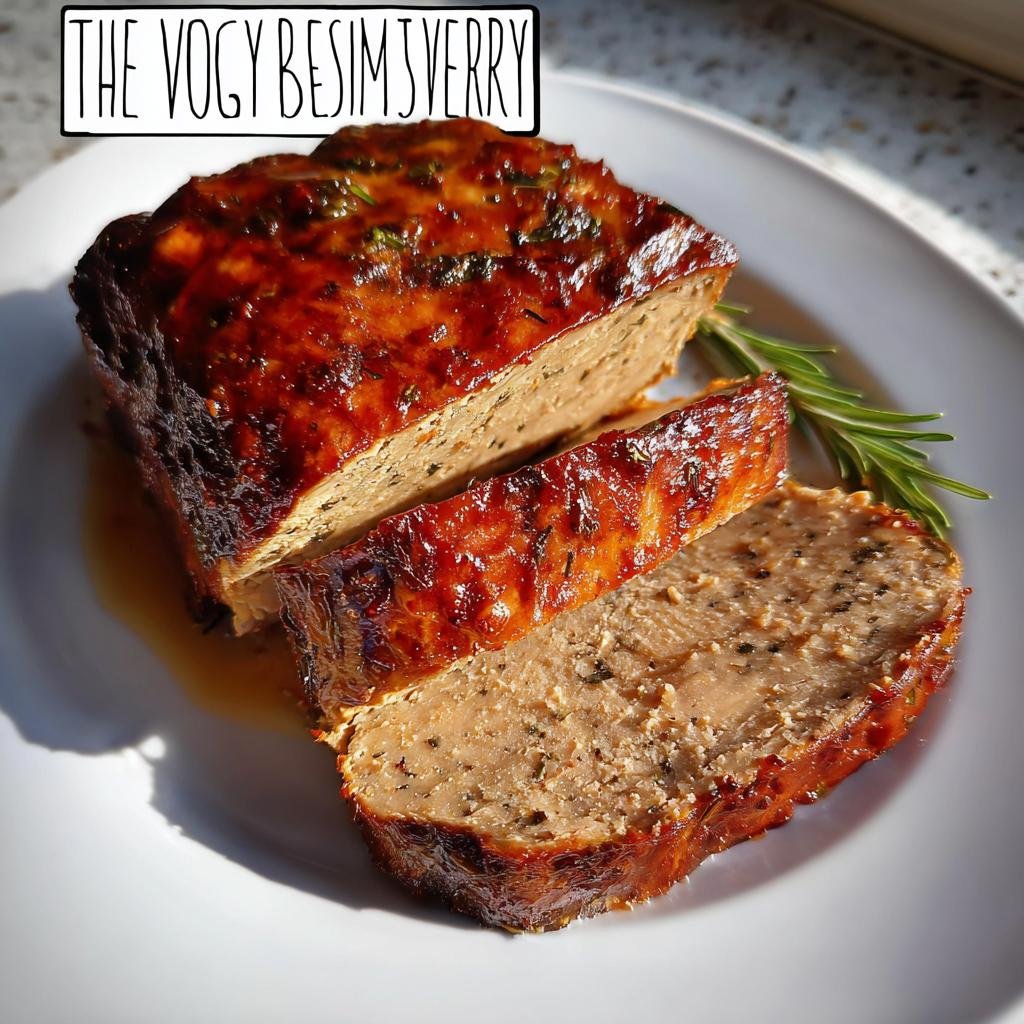 A sliced Veggie Turkey roast with a shiny, dark glaze, garnished with fresh rosemary on a white plate.