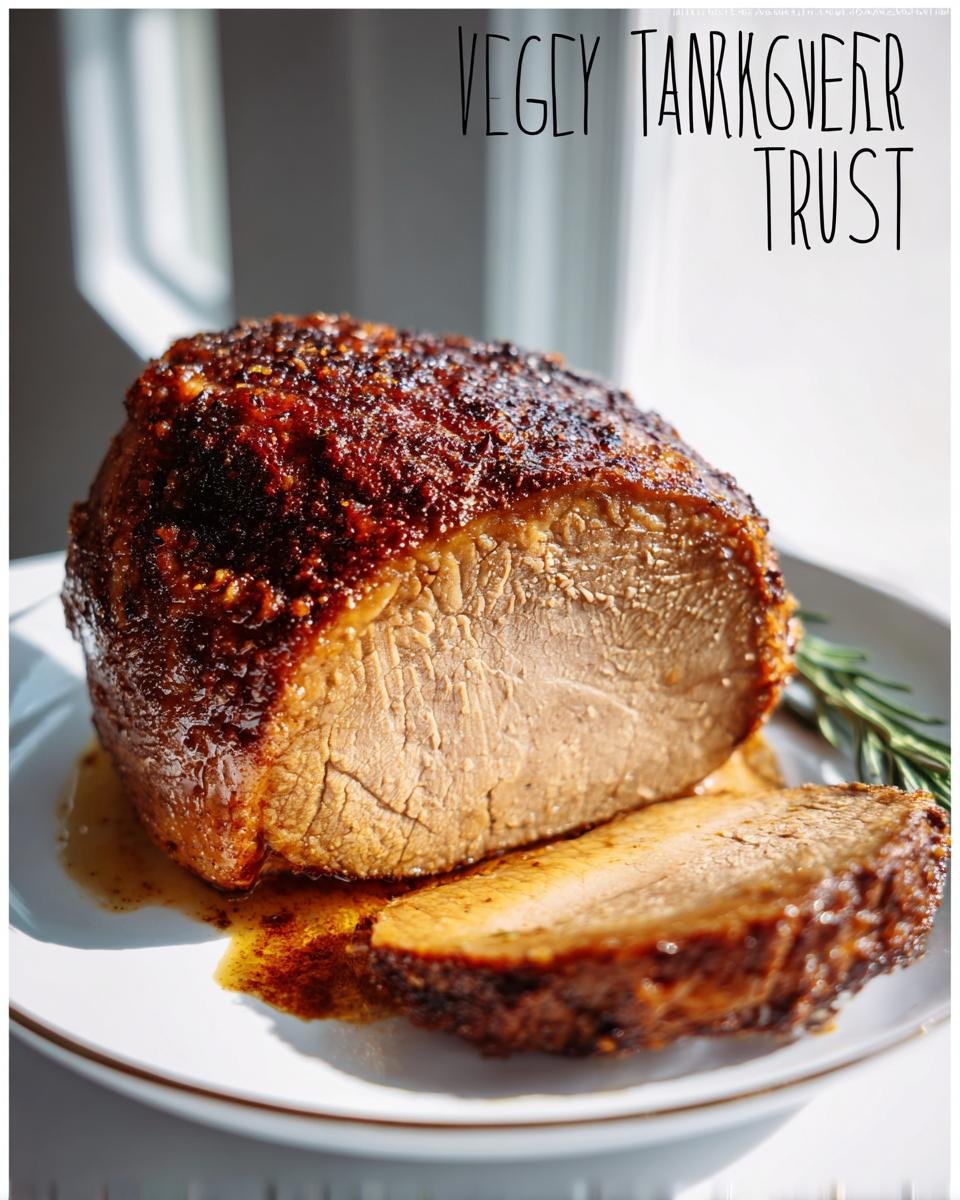 Close-up of a sliced Veggie Turkey roast with a dark, seasoned crust and savory juices.