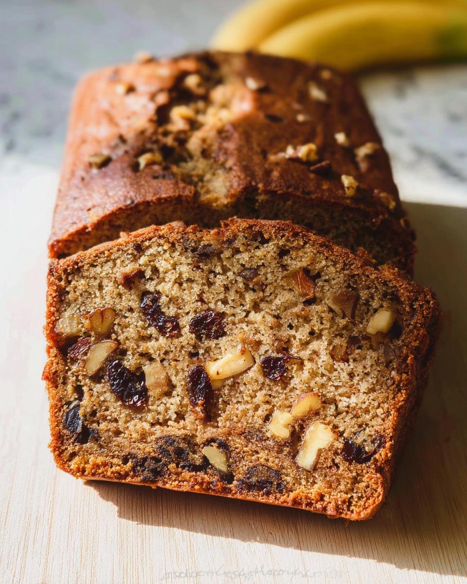 Close-up of sliced Walnut Banana Bread Toasted Nuts showing walnuts and raisins inside.