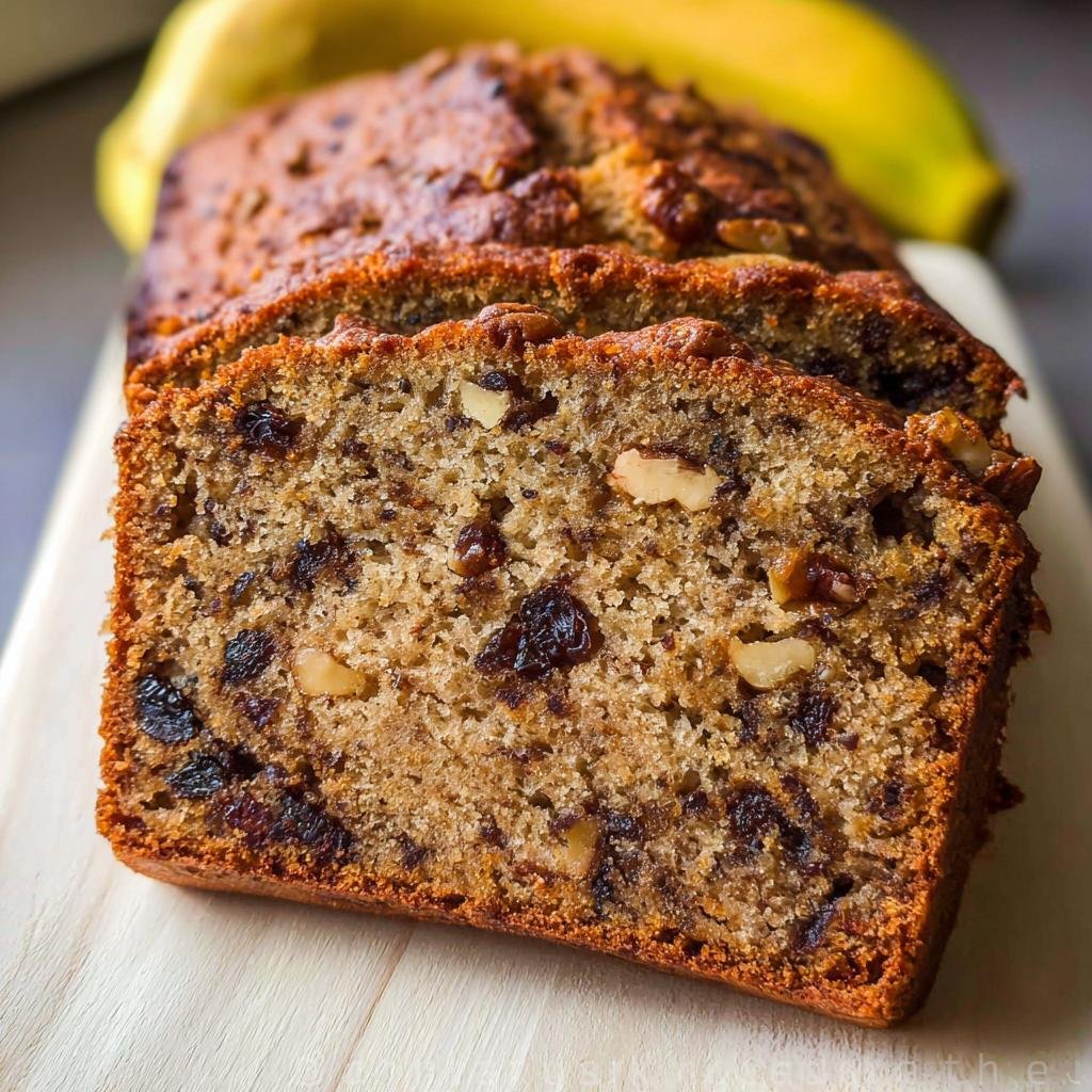 Close-up of sliced Walnut Banana Bread Toasted Nuts showing walnuts and raisins baked inside.