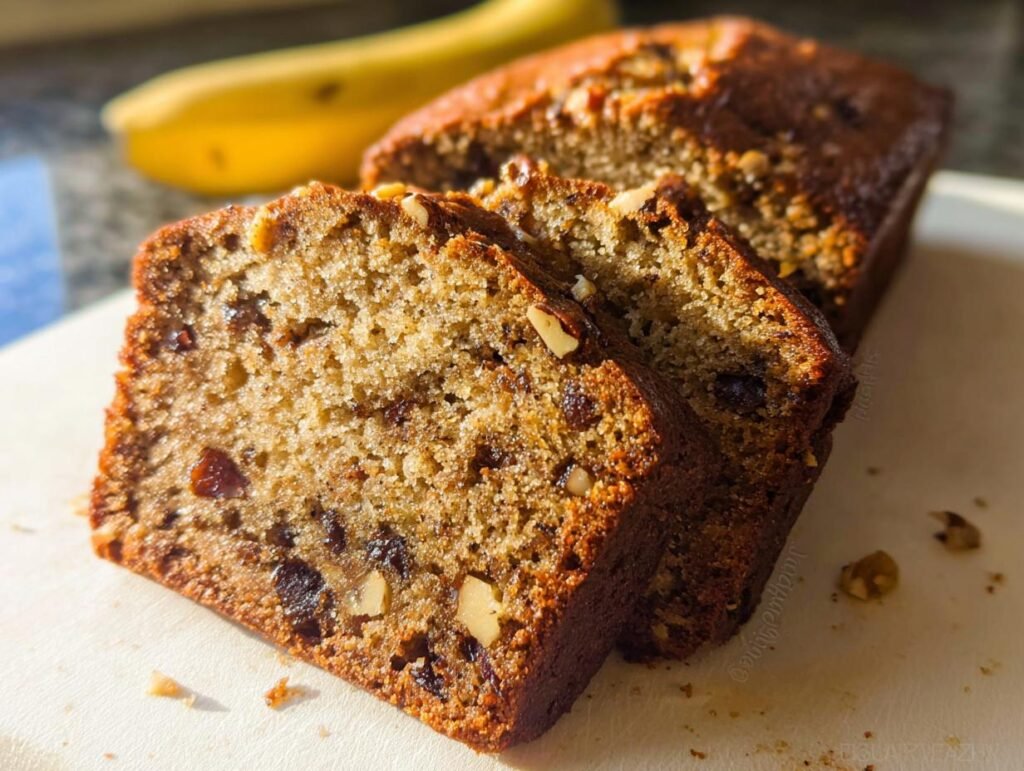 Slices of moist Walnut Banana Bread Toasted Nuts showing walnuts and raisins, with a whole banana blurred in the background.