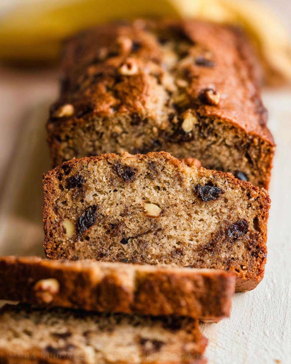 Close-up of sliced Walnut Banana Bread Toasted Nuts, showing moist interior with raisins and nuts.
