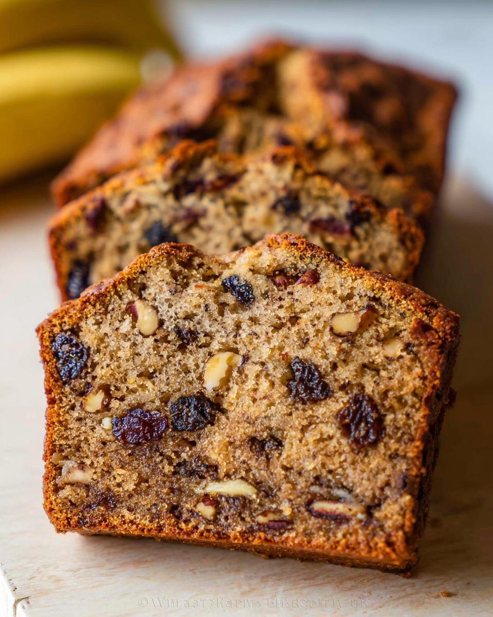 Close-up of thick slices of moist Walnut Banana Bread Toasted Nuts, showing raisins and walnuts throughout the crumb.