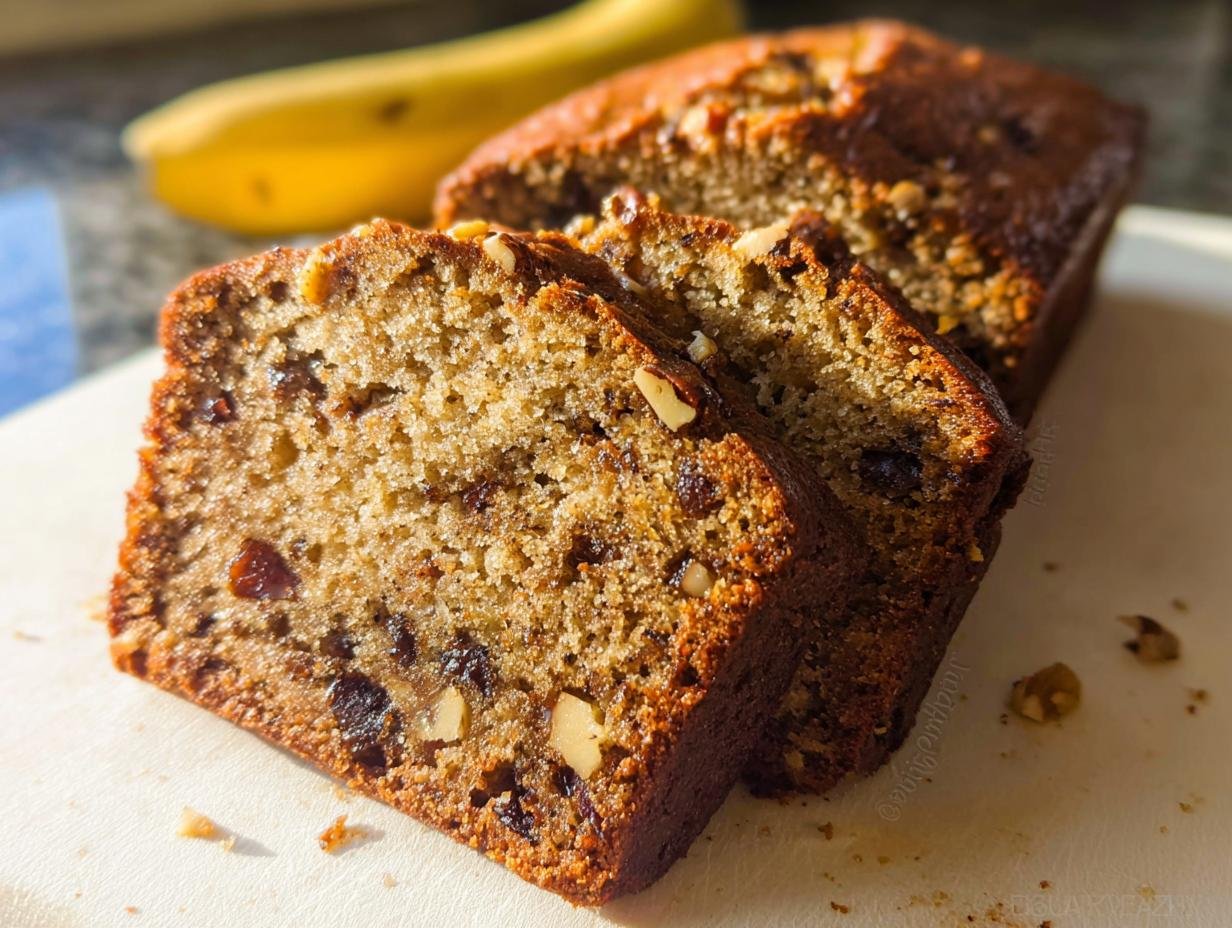 Slices of moist Walnut Banana Bread Toasted Nuts showing walnuts and raisins, with a whole banana blurred in the background.