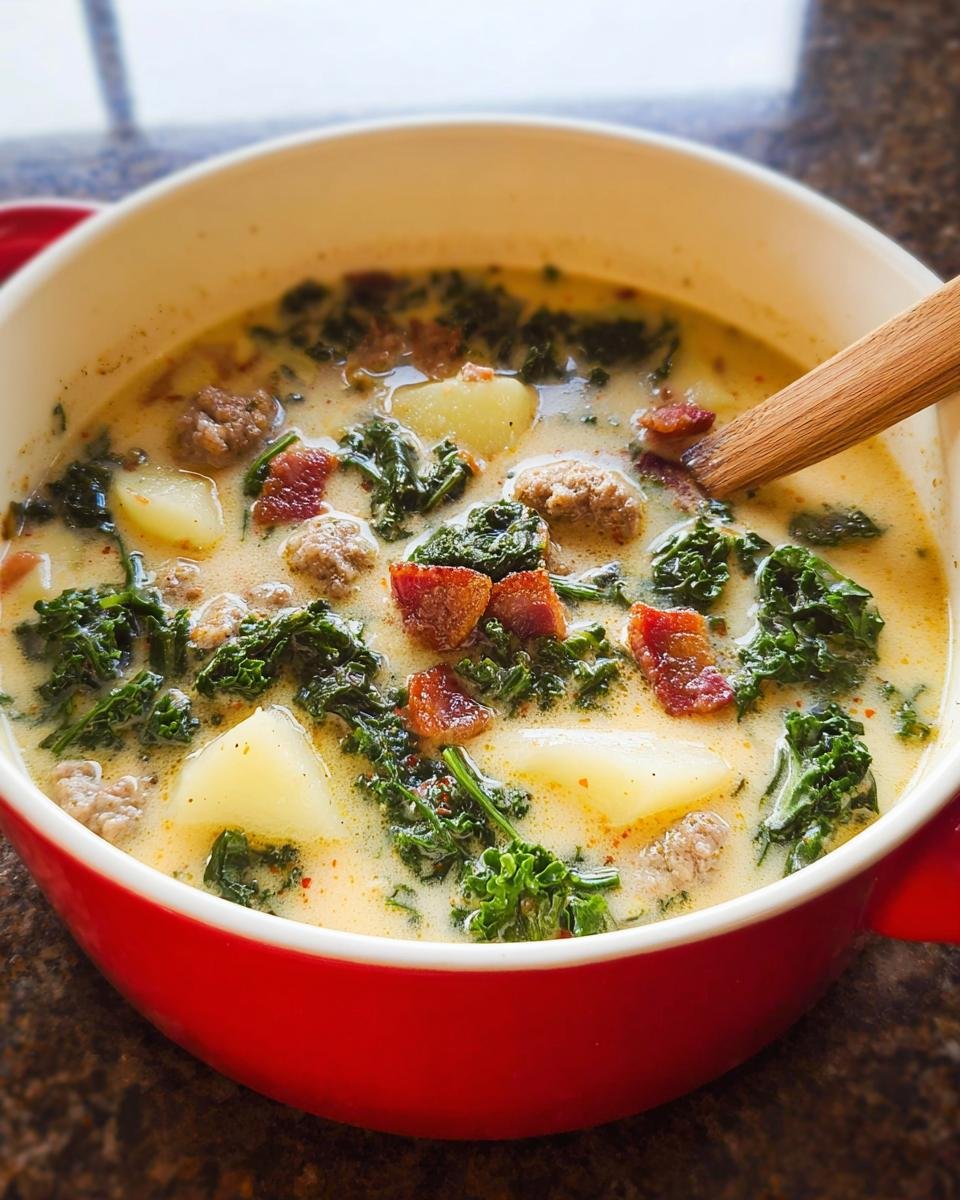 Close-up of a red bowl filled with creamy Zuppa Toscana Copycat soup featuring sausage, potatoes, and kale.