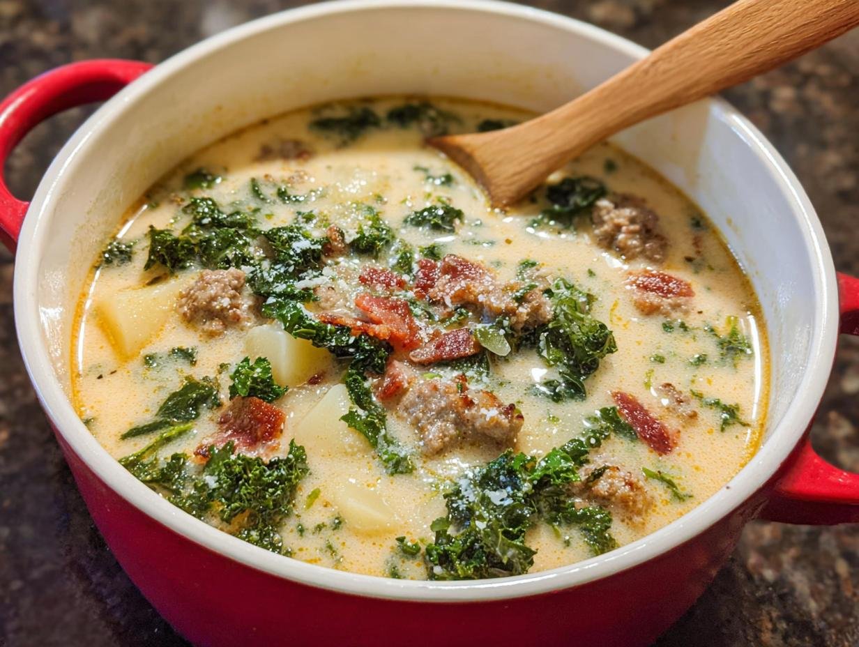 Close-up of a creamy Zuppa Toscana Copycat soup filled with sausage, kale, potatoes, and bacon in a red bowl.
