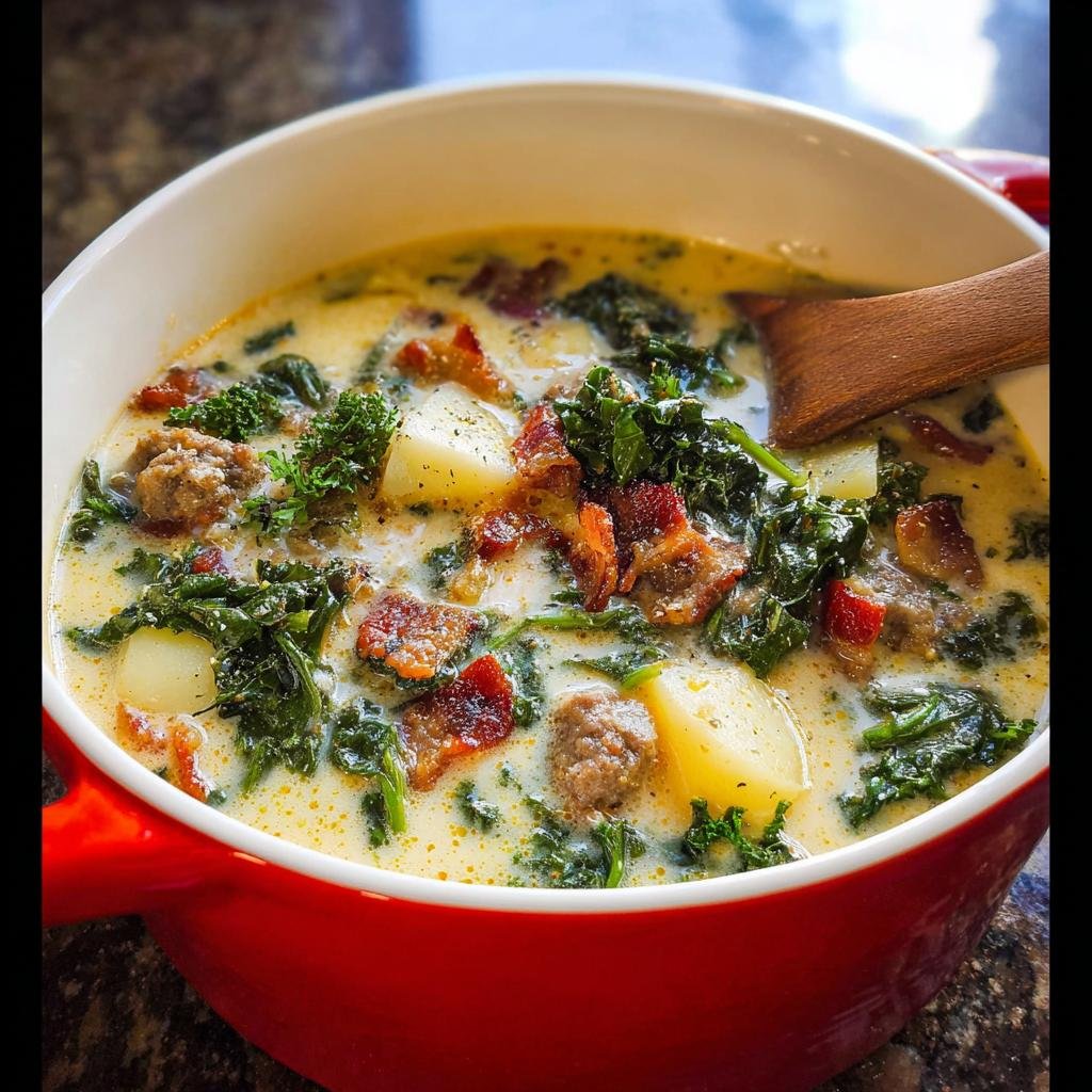 Close-up of a creamy Zuppa Toscana Copycat soup with sausage, potatoes, kale, and bacon pieces.