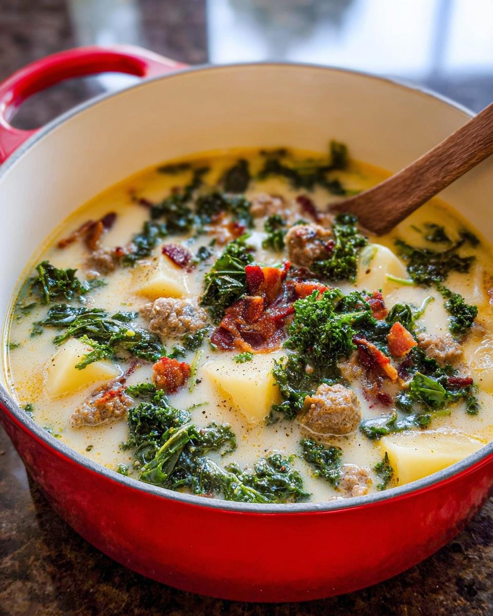 Close-up of creamy Zuppa Toscana Copycat soup filled with potatoes, sausage, kale, and bacon in a red dutch oven.