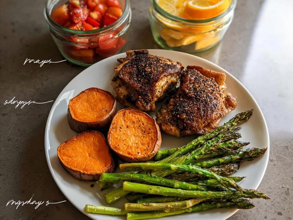Plate featuring seasoned chicken thighs, roasted sweet potatoes, and asparagus, part of a 5-Day Clean Eating Meal Plan.