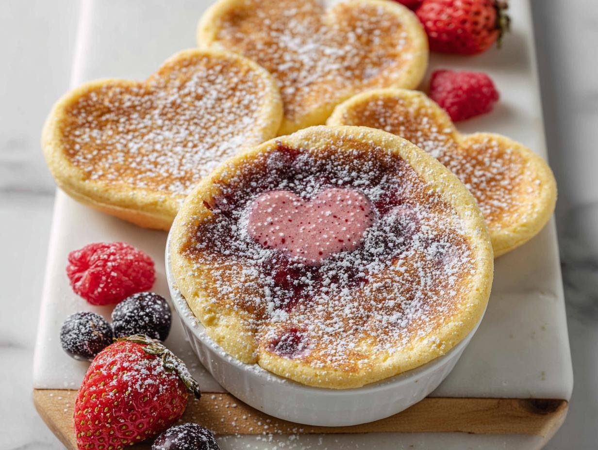 A baked 5-Ingredient Healthy Valentine’s Dessert Cup topped with powdered sugar and berries.