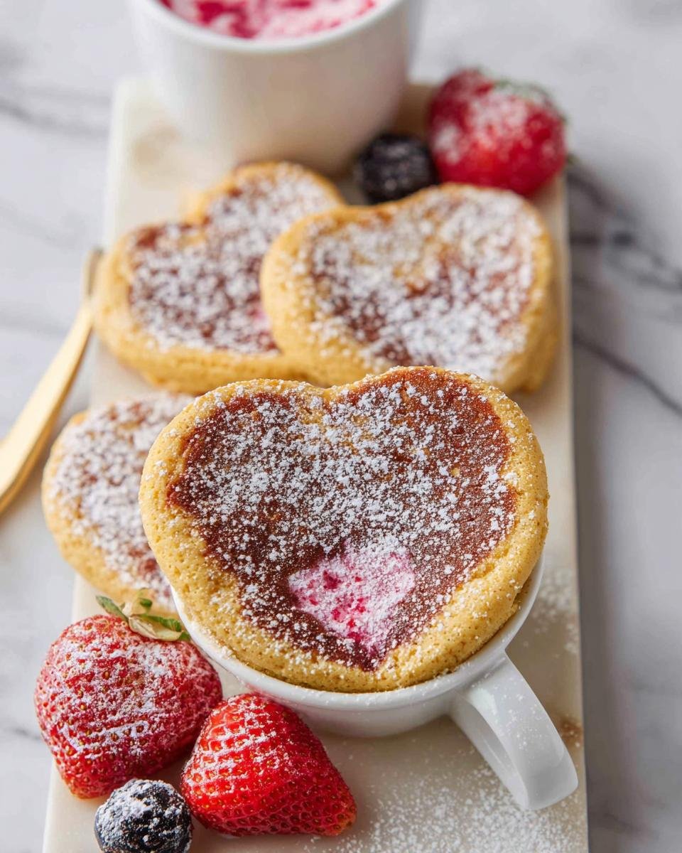 A heart-shaped baked dessert cup dusted with powdered sugar, surrounded by fresh strawberries and blackberries.