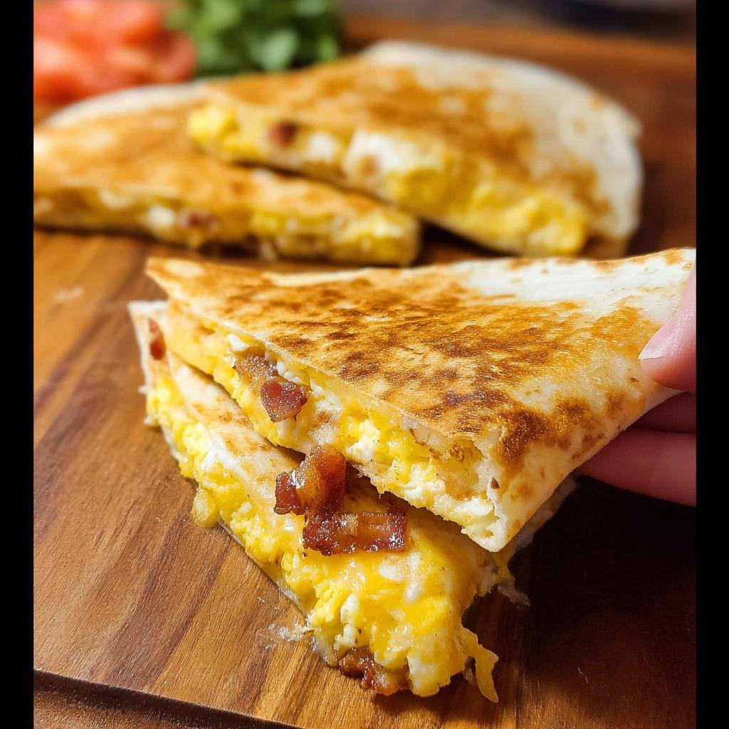 A hand pulls apart a crispy Bacon Egg Cheese Breakfast Quesadilla revealing melted cheese and scrambled eggs.