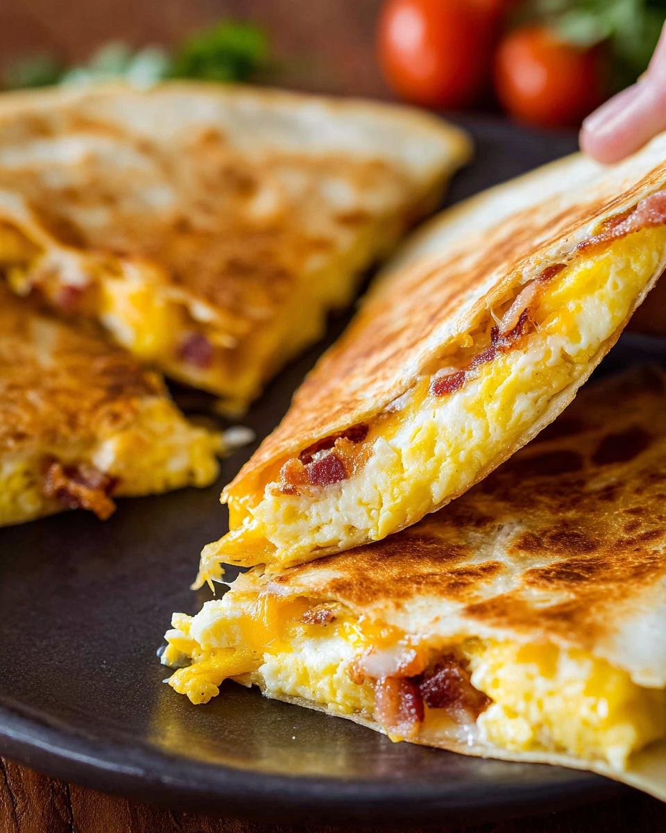 Close-up of a hand lifting half of a Bacon Egg Cheese Breakfast Quesadilla showing melted cheese and scrambled eggs.