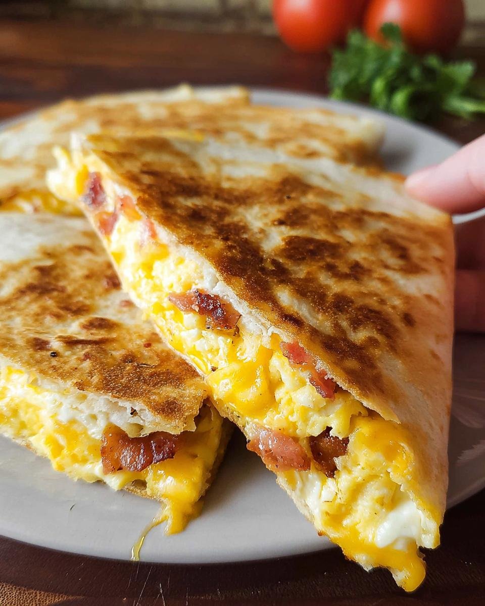 Close-up view of a perfectly cooked Bacon Egg Cheese Breakfast Quesadilla, showing melted cheese and scrambled eggs.