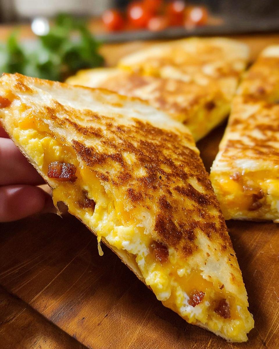 A hand holding a golden-brown slice of Bacon Egg Cheese Breakfast Quesadillas, showing melted cheese and bacon bits.