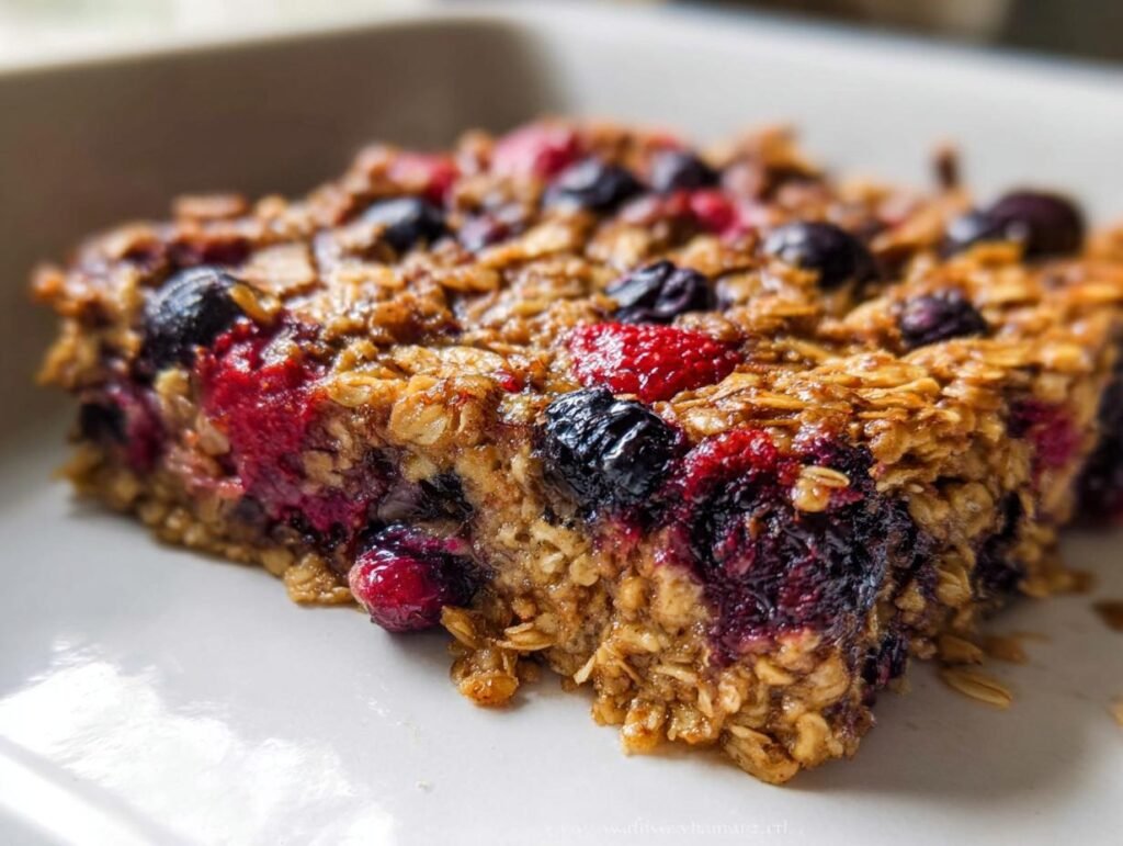 Close-up of a square serving of baked oatmeal topped with mixed berries, perfect for Healthy Valentine’s Breakfast Ideas.
