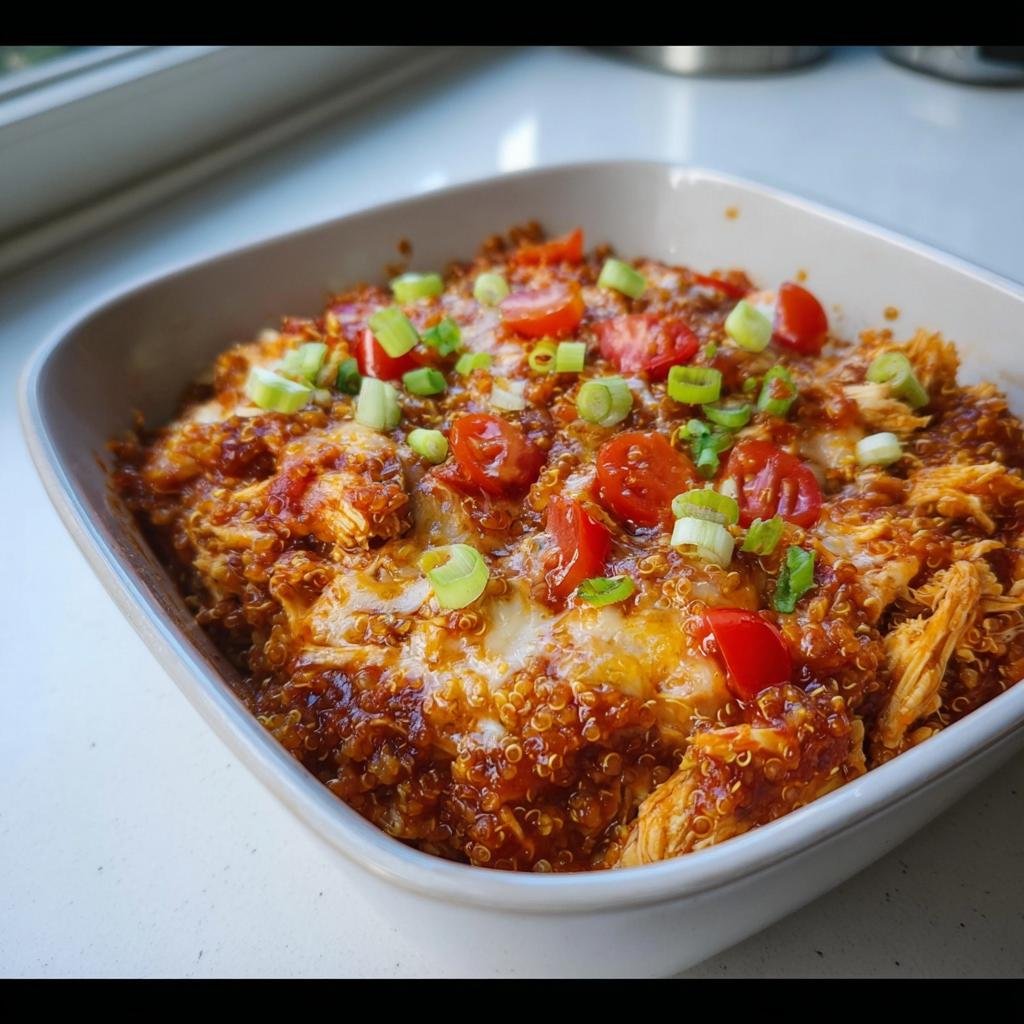 Close-up of a baked chicken and quinoa casserole topped with melted cheese, tomatoes, and green onions, a perfect Healthy Comfort Food for Dinner.