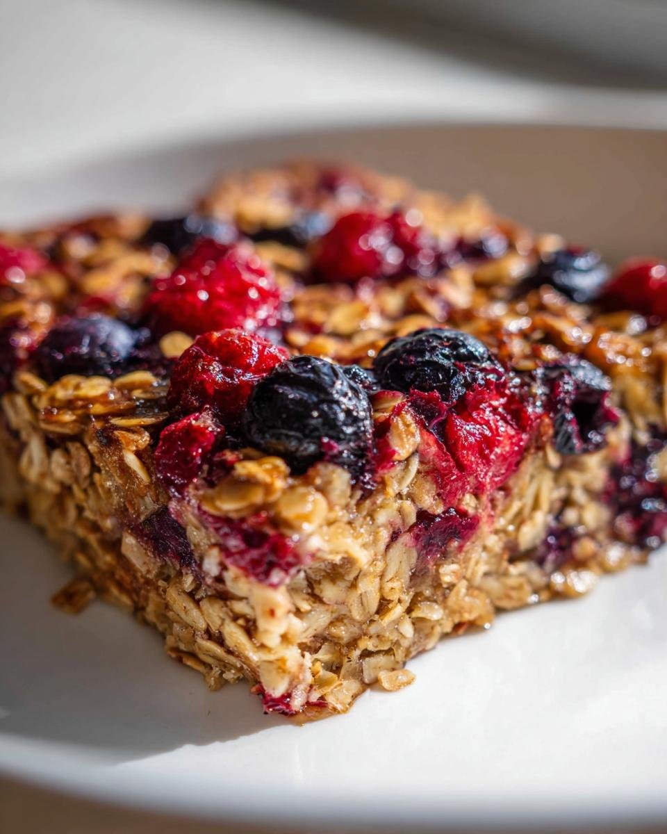 Close-up of a square slice of baked oatmeal topped with bright red raspberries and dark blueberries, perfect for Healthy Valentine’s Breakfast Ideas.
