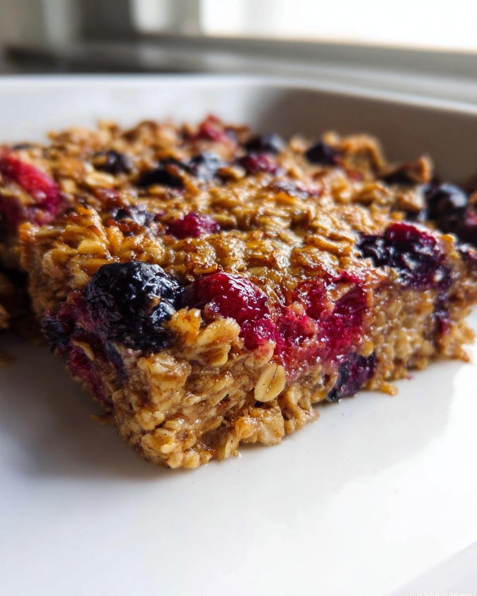 Close-up of a square slice of baked oatmeal topped with mixed berries, perfect for Healthy Valentine’s Breakfast Ideas.