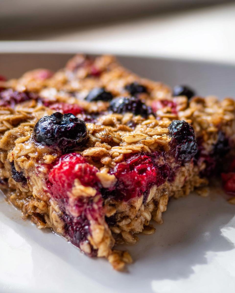Close-up of a slice of baked oatmeal topped with bright red raspberries and dark blueberries, perfect for Healthy Valentine’s Breakfast Ideas.