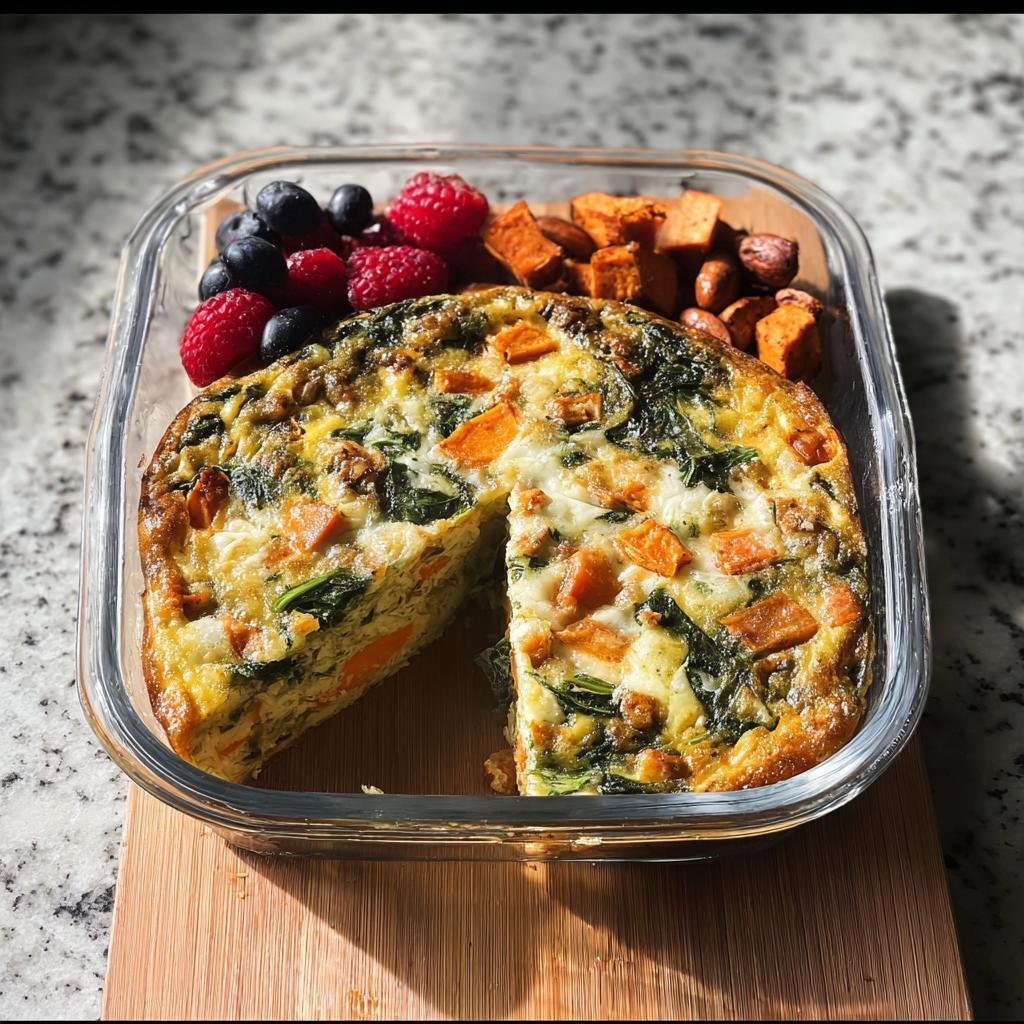 A slice of sweet potato and spinach frittata packed as a balanced meal with berries and almonds.