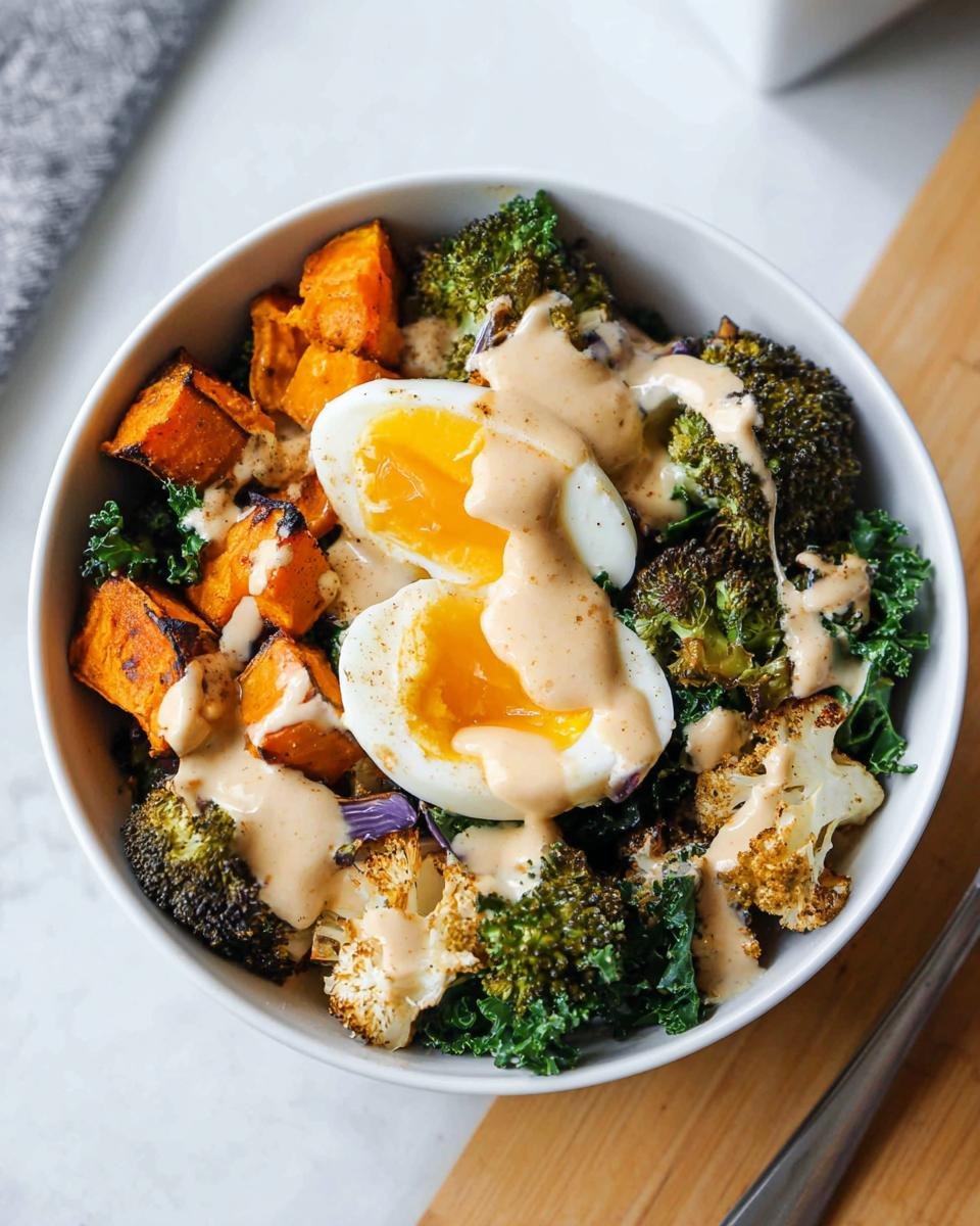 A bowl featuring a balanced meal with roasted sweet potatoes, broccoli, kale, and a soft-boiled egg drizzled with sauce.