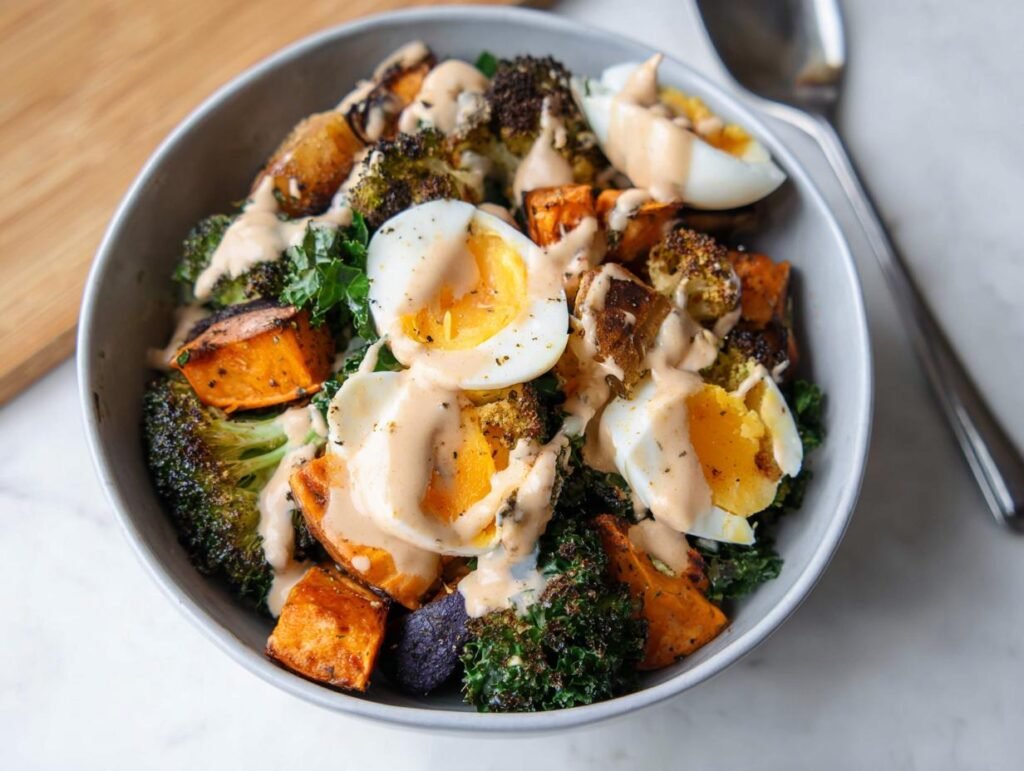 A bowl featuring roasted sweet potatoes, charred broccoli, and soft-boiled eggs, drizzled with a creamy sauce, illustrating Balanced Meals with Veggies, Protein & Flavor.