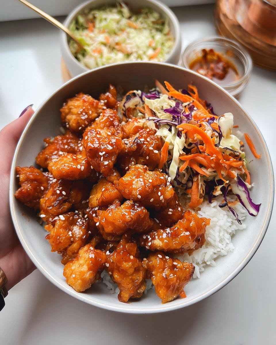 A hand holds a bowl filled with white rice topped with glossy Bang Bang Chicken and colorful coleslaw.