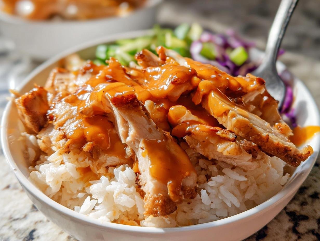 Close-up of a Bang Bang Chicken Bowl featuring crispy chicken slices drizzled with orange sauce over white rice.