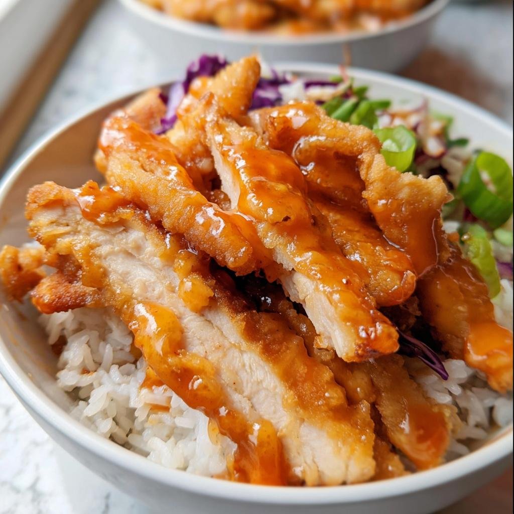 Close-up of sliced, crispy Bang Bang Chicken Bowl pieces drizzled with orange sauce over white rice.