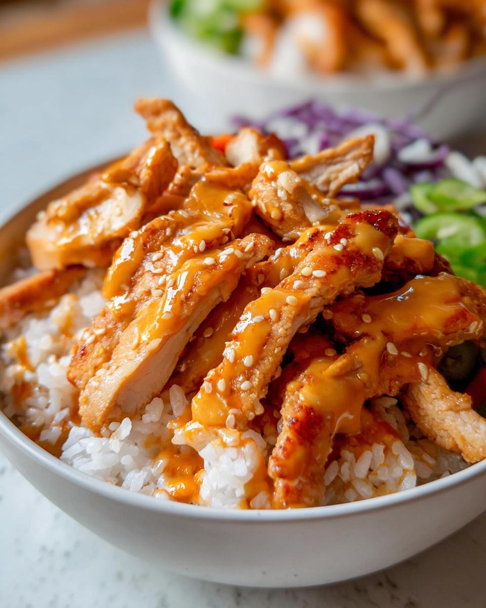 Close-up of a Bang Bang Chicken Bowl featuring sliced chicken drizzled with orange sauce and sesame seeds over white rice.