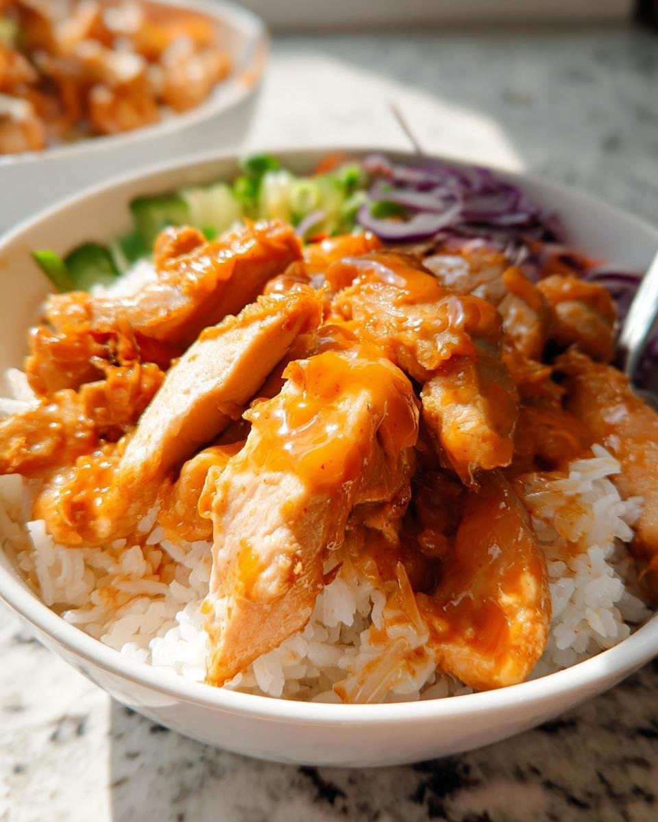 Close-up of a white bowl filled with white rice topped with sliced Bang Bang Chicken Bowl coated in orange sauce and fresh vegetables.