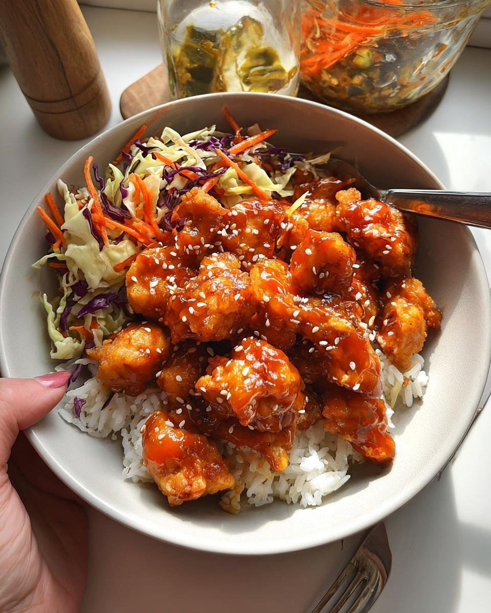 A close-up of a Bang Bang Chicken Bowl featuring crispy chicken coated in orange sauce over white rice and topped with slaw and sesame seeds.