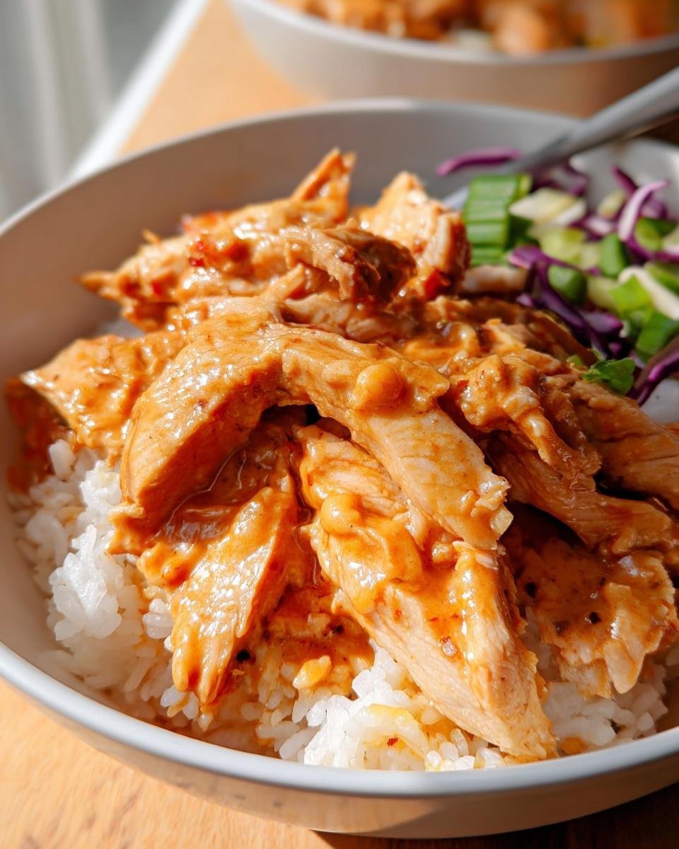 Close-up of a Bang Bang Chicken Bowl featuring sliced chicken coated in creamy sauce over white rice, with a side of slaw.